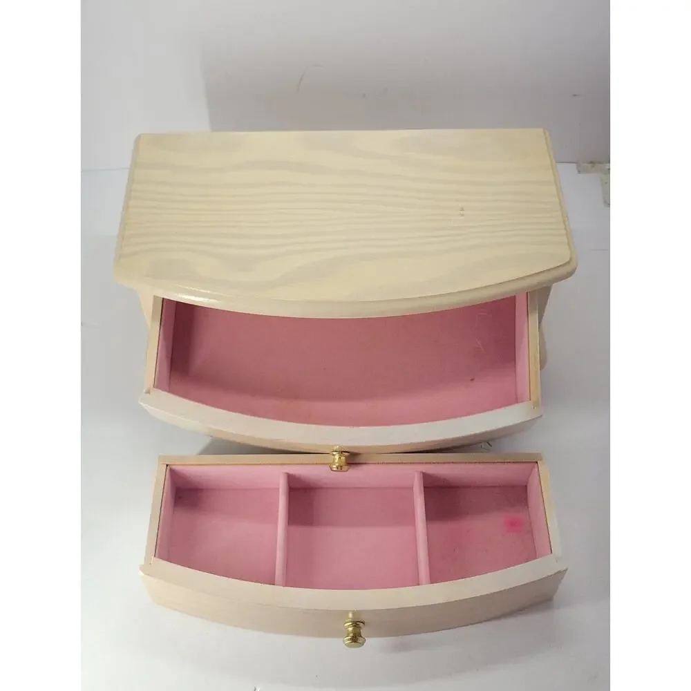 Wood Jewelry Box 2 Drawer Organizer Mirror Ring Storage Pink Lined Wooden Chest
